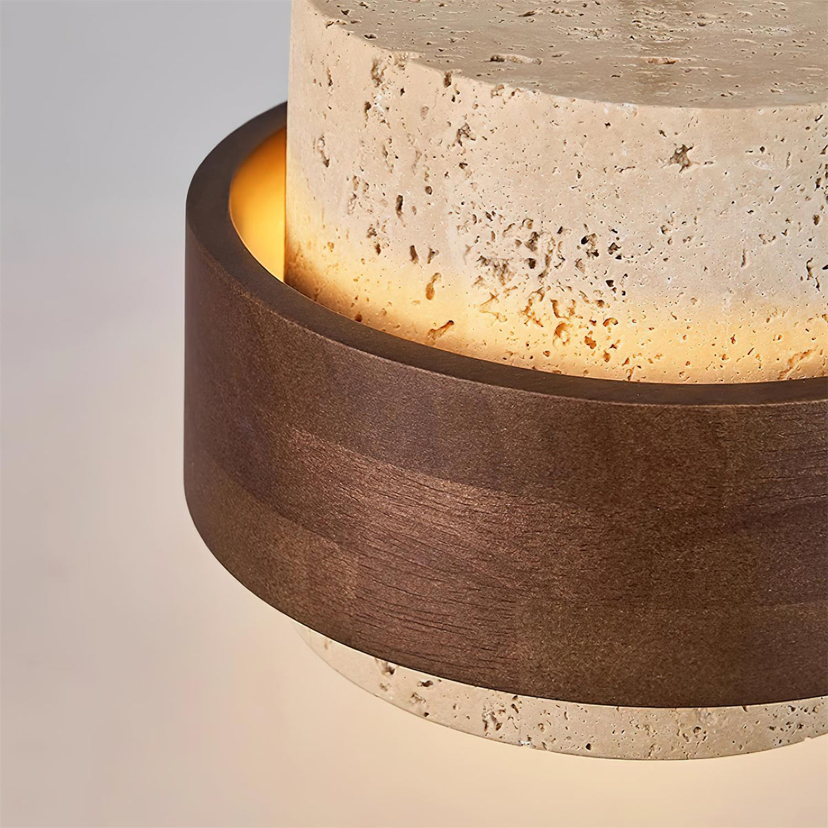 Travertine Stone Pendant Light with Walnut Wood Accent Band – Natural Cylindrical Hanging Fixture for Kitchen & Dining