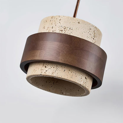 Travertine Stone Pendant Light with Walnut Wood Accent Band – Natural Cylindrical Hanging Fixture for Kitchen & Dining