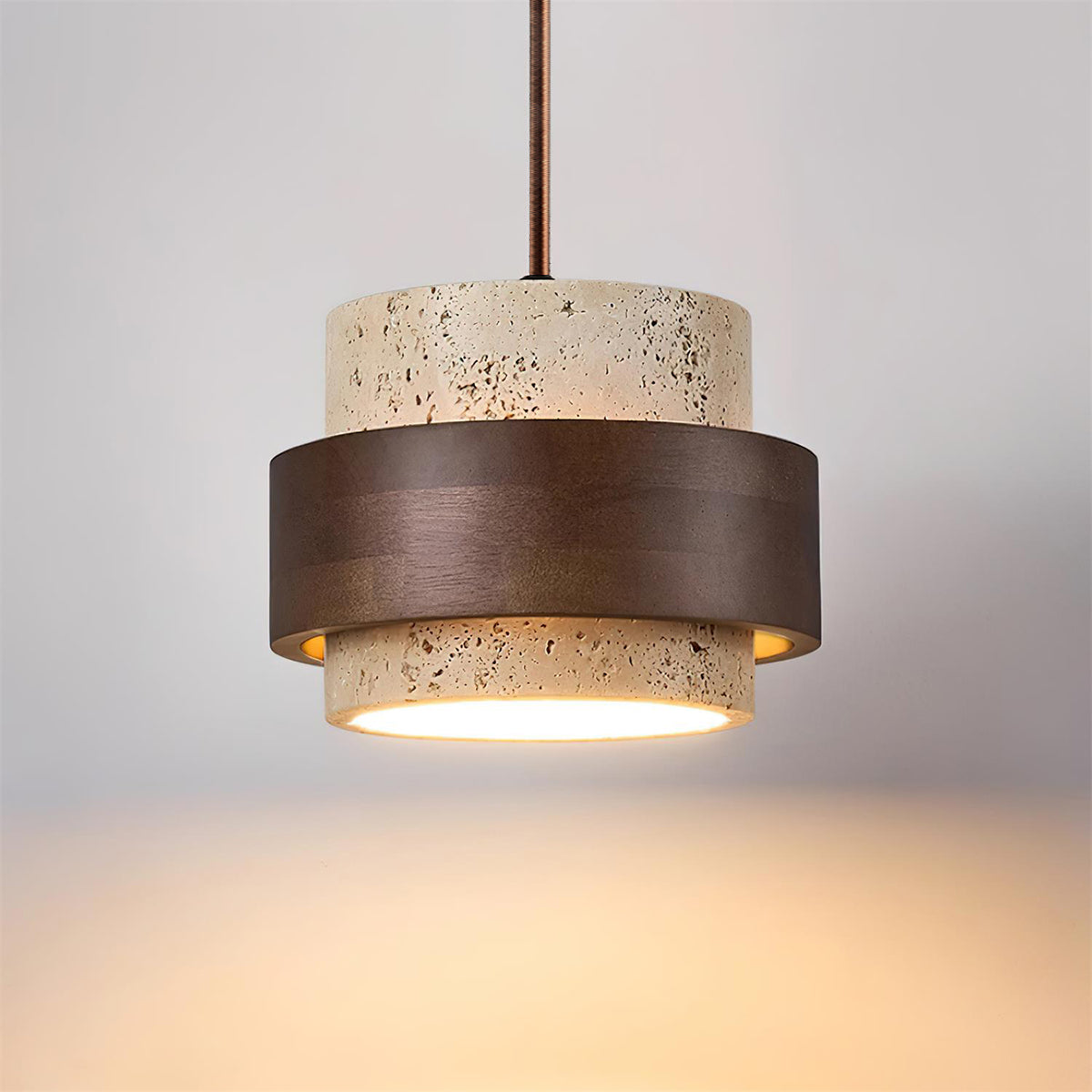 Hanging Lamp with Natural Stone Shade and Wood Trim for Dining Areas, Kitchens, and Islands – Adjustable Height Ceiling Fixture