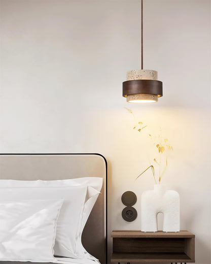 Hanging Lamp with Natural Stone Shade and Wood Trim for Dining Areas, Kitchens, and Islands – Adjustable Height Ceiling Fixture