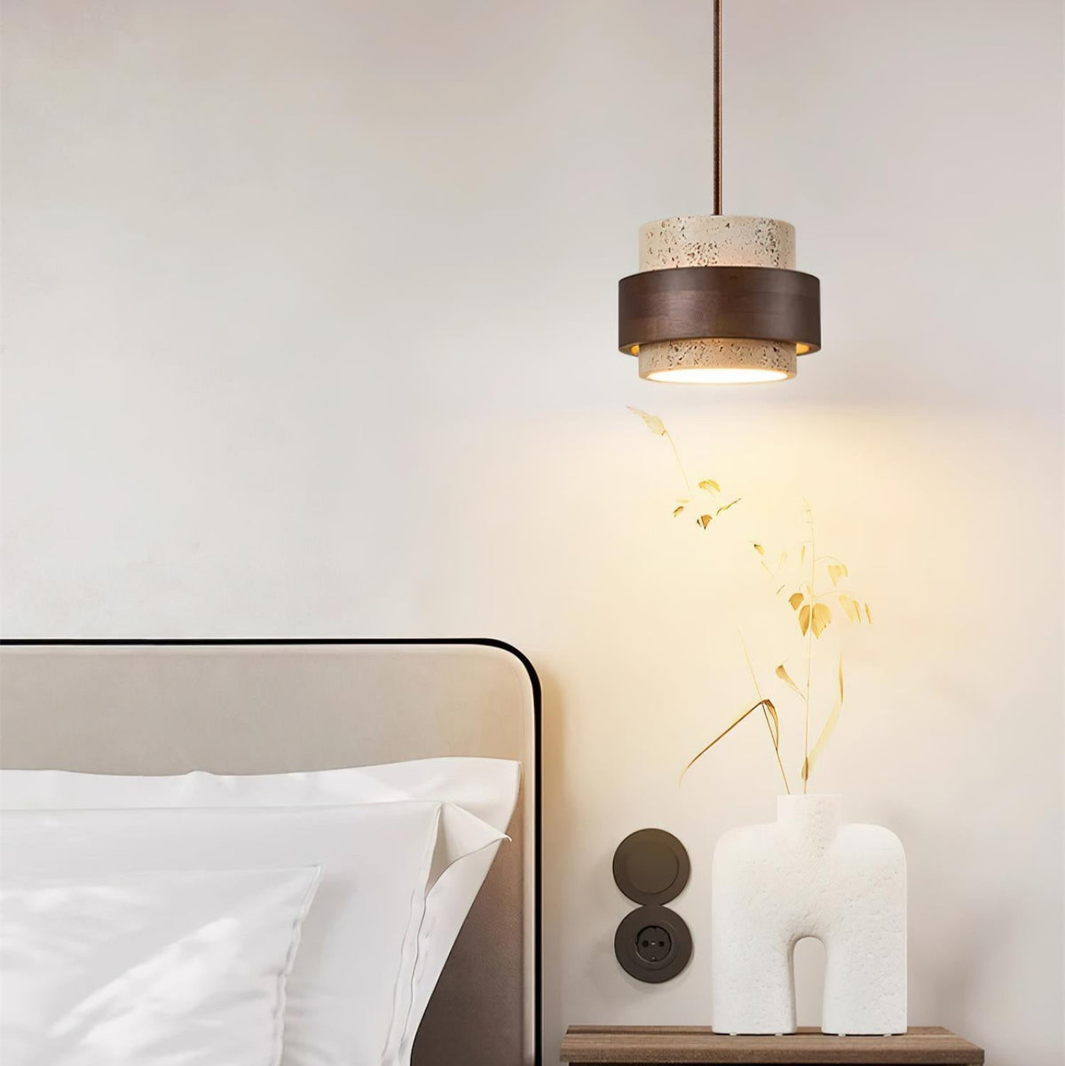Travertine Stone Pendant Light with Walnut Wood Accent Band – Natural Cylindrical Hanging Fixture for Kitchen & Dining