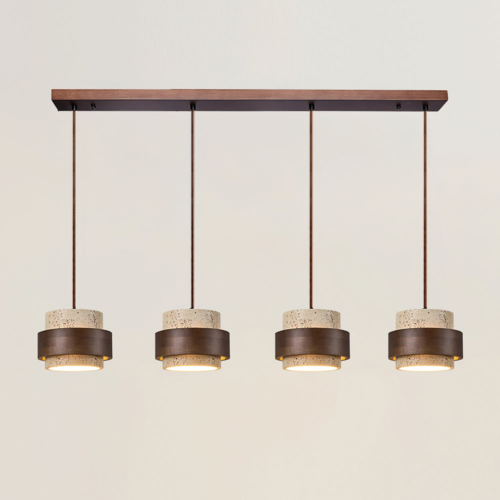 Travertine Stone Pendant Light with Walnut Wood Accent Band – Natural Cylindrical Hanging Fixture for Kitchen & Dining