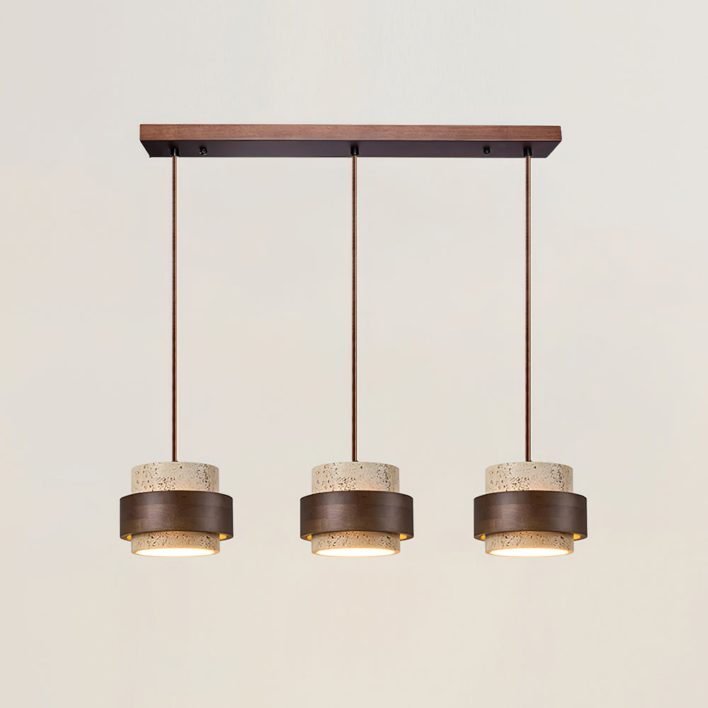 Hanging Lamp with Natural Stone Shade and Wood Trim for Dining Areas, Kitchens, and Islands – Adjustable Height Ceiling Fixture