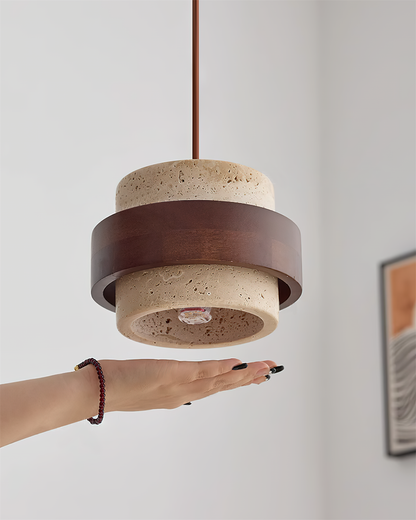Hanging Lamp with Natural Stone Shade and Wood Trim for Dining Areas, Kitchens, and Islands – Adjustable Height Ceiling Fixture