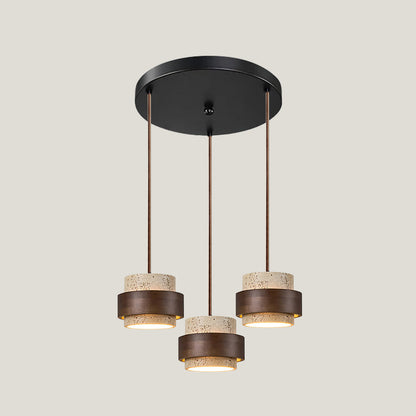 Travertine Stone Pendant Light with Walnut Wood Accent Band – Natural Cylindrical Hanging Fixture for Kitchen & Dining