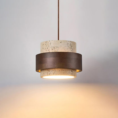 Hanging Lamp with Natural Stone Shade and Wood Trim for Dining Areas, Kitchens, and Islands – Adjustable Height Ceiling Fixture