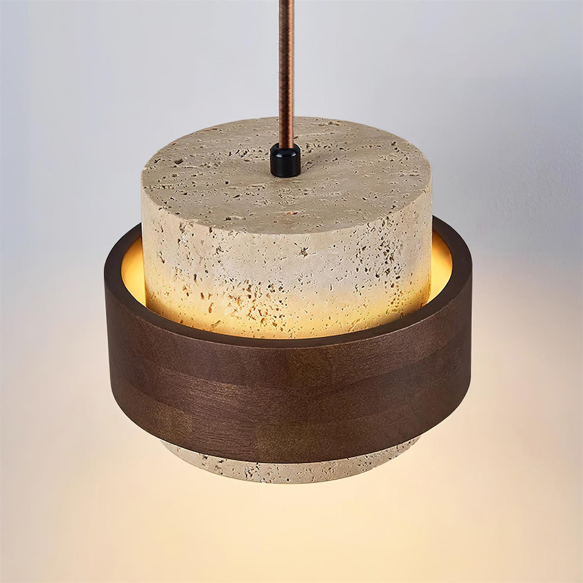 Hanging Lamp with Natural Stone Shade and Wood Trim for Dining Areas, Kitchens, and Islands – Adjustable Height Ceiling Fixture