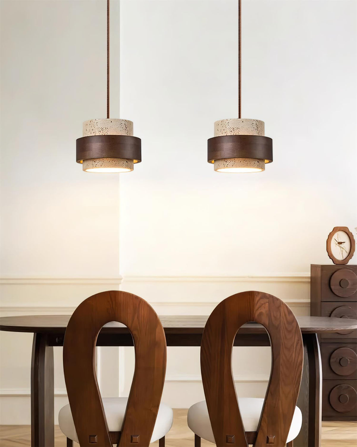 Hanging Lamp with Natural Stone Shade and Wood Trim for Dining Areas, Kitchens, and Islands – Adjustable Height Ceiling Fixture