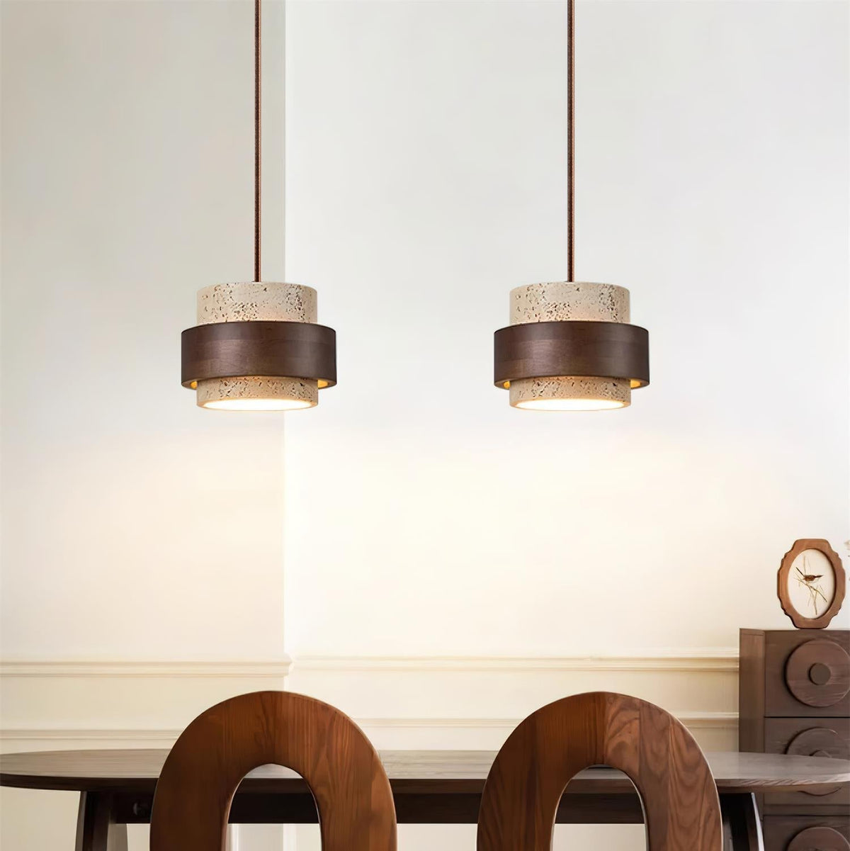 Travertine Stone Pendant Light with Walnut Wood Accent Band – Natural Cylindrical Hanging Fixture for Kitchen & Dining