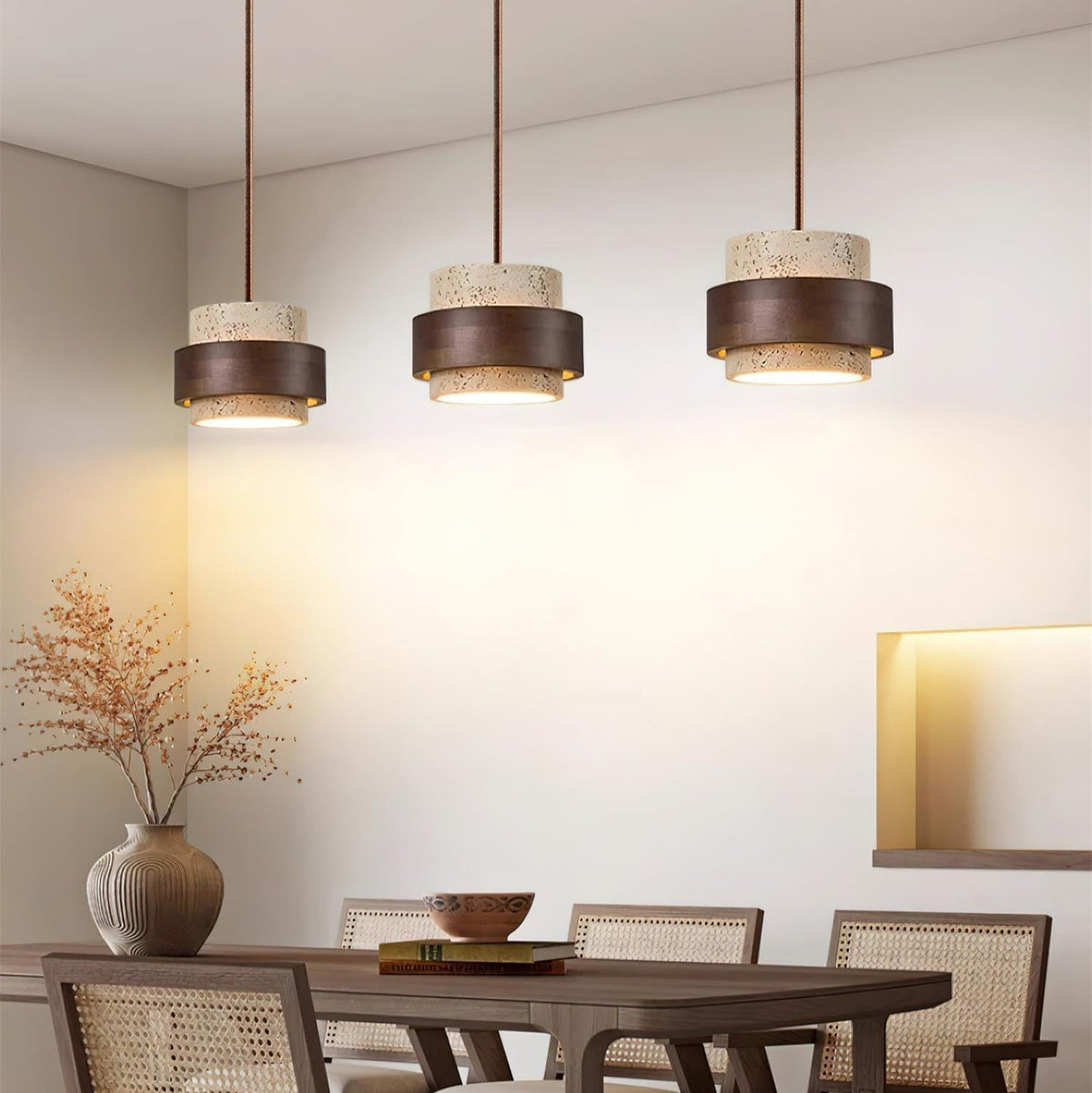 Travertine Stone Pendant Light with Walnut Wood Accent Band – Natural Cylindrical Hanging Fixture for Kitchen & Dining