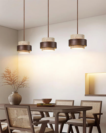 Hanging Lamp with Natural Stone Shade and Wood Trim for Dining Areas, Kitchens, and Islands – Adjustable Height Ceiling Fixture