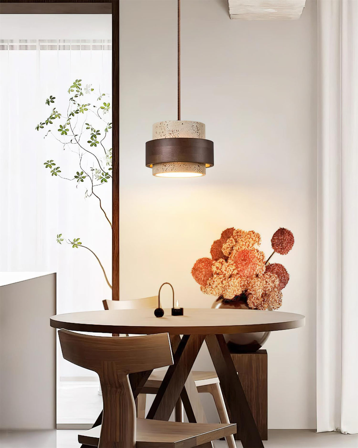 Hanging Lamp with Natural Stone Shade and Wood Trim for Dining Areas, Kitchens, and Islands – Adjustable Height Ceiling Fixture