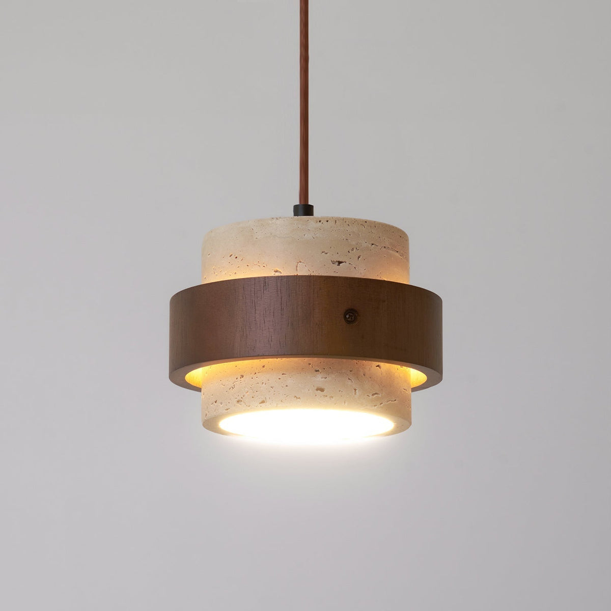 Travertine Stone Pendant Light with Walnut Wood Accent Band – Natural Cylindrical Hanging Fixture for Kitchen & Dining