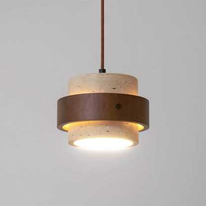 Travertine Stone Pendant Light with Walnut Wood Accent Band – Natural Cylindrical Hanging Fixture for Kitchen & Dining