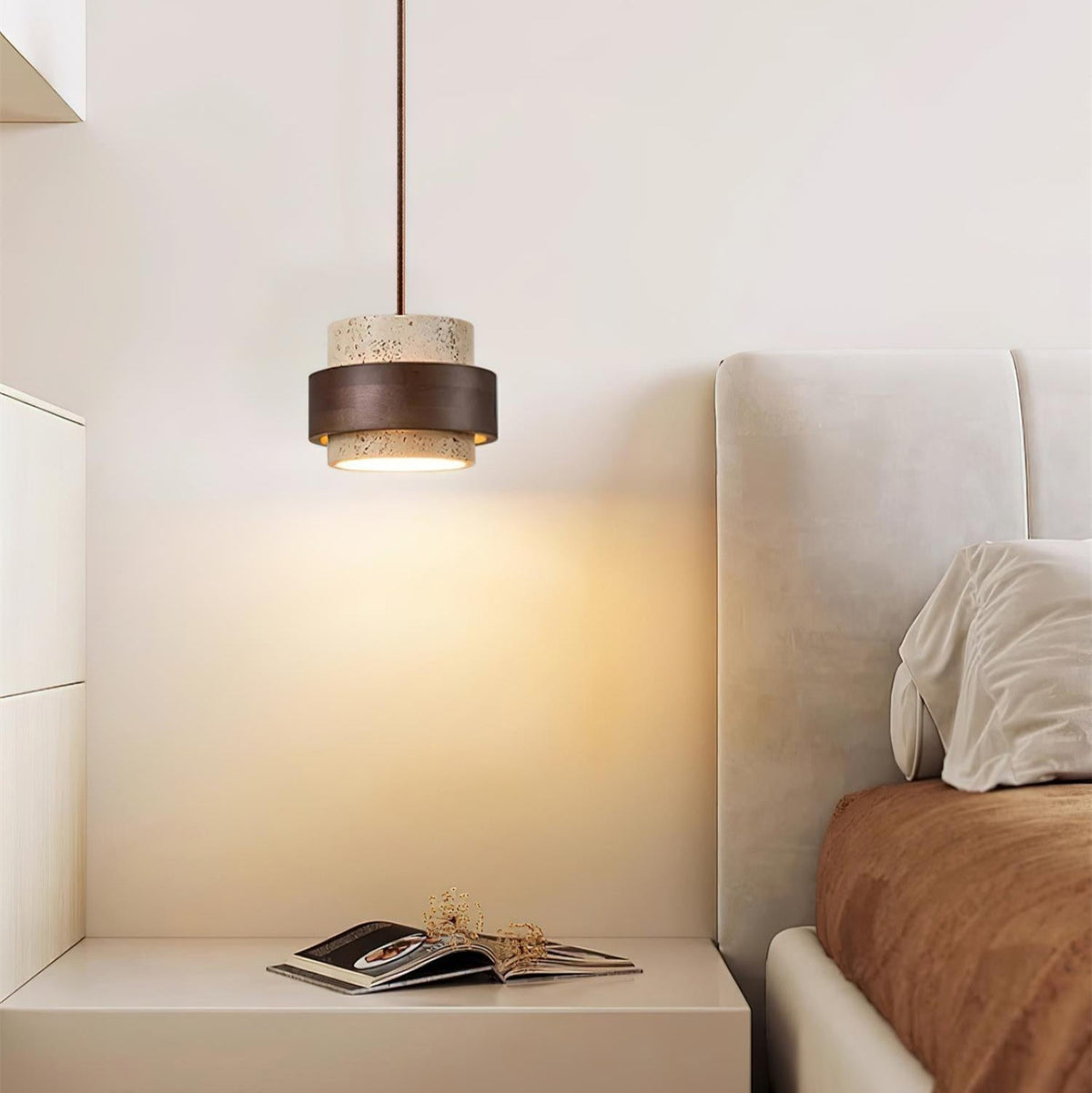 Travertine Stone Pendant Light with Walnut Wood Accent Band – Natural Cylindrical Hanging Fixture for Kitchen & Dining