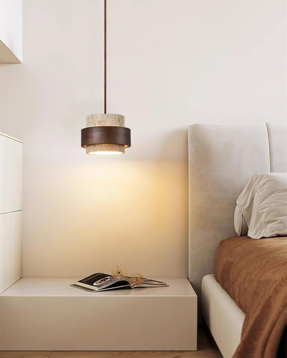 Hanging Lamp with Natural Stone Shade and Wood Trim for Dining Areas, Kitchens, and Islands – Adjustable Height Ceiling Fixture