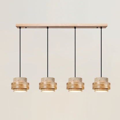 Hanging Lamp with Natural Stone Shade and Wood Trim for Dining Areas, Kitchens, and Islands – Adjustable Height Ceiling Fixture