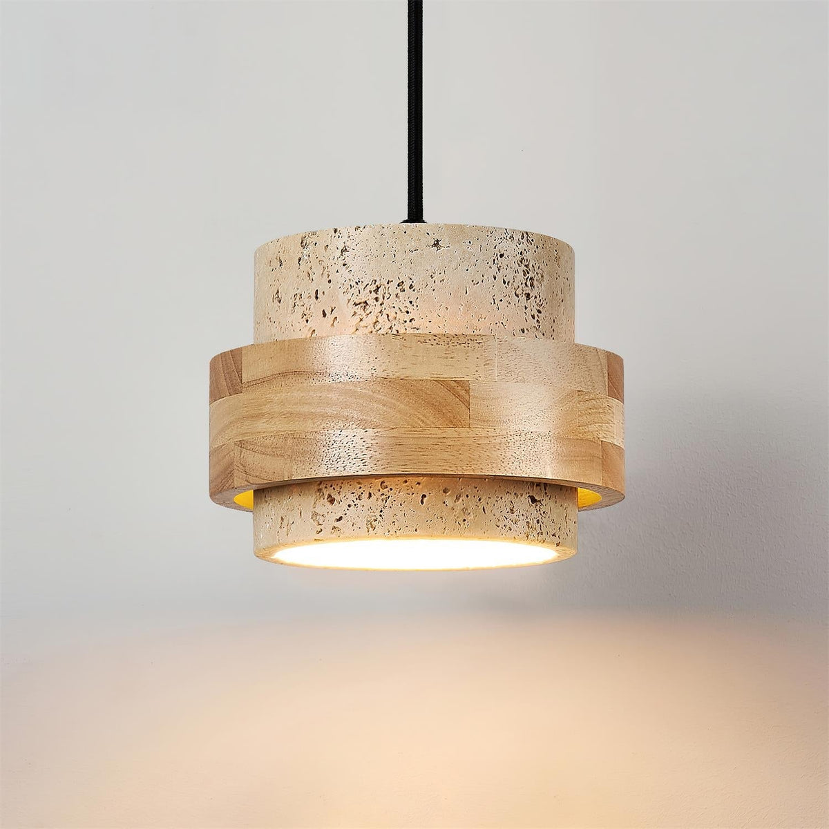 Hanging Lamp with Natural Stone Shade and Wood Trim for Dining Areas, Kitchens, and Islands – Adjustable Height Ceiling Fixture
