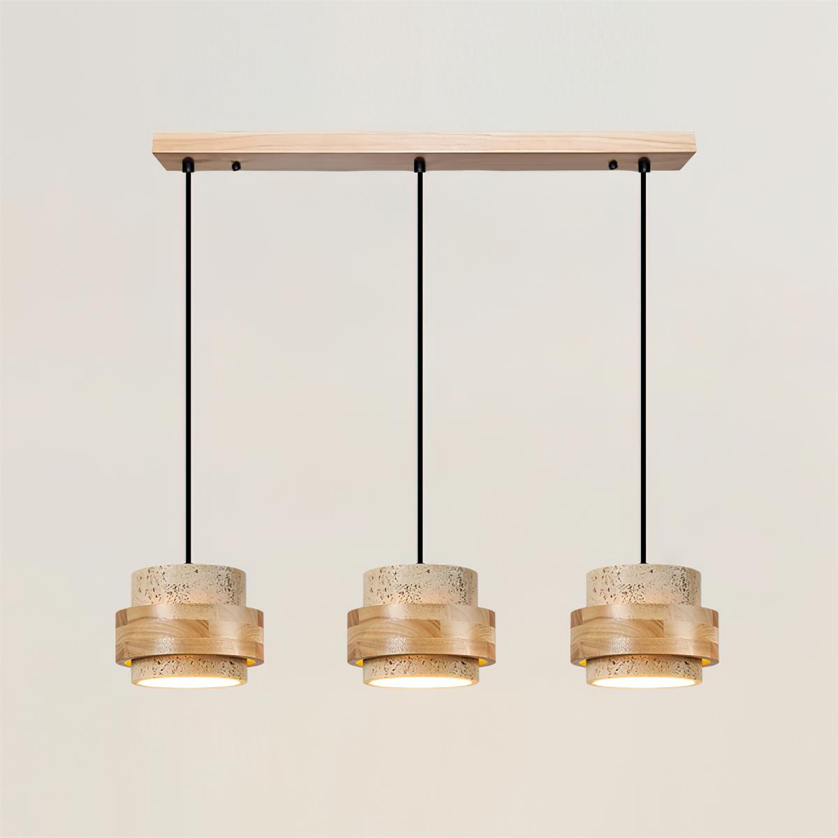 Hanging Lamp with Natural Stone Shade and Wood Trim for Dining Areas, Kitchens, and Islands – Adjustable Height Ceiling Fixture