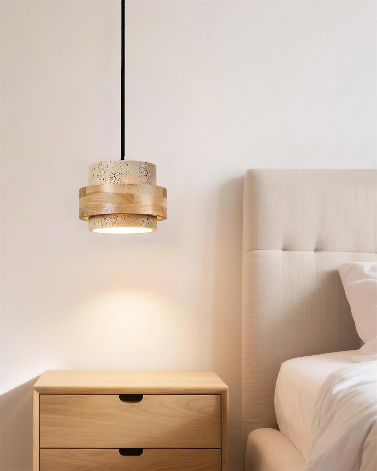 Hanging Lamp with Natural Stone Shade and Wood Trim for Dining Areas, Kitchens, and Islands – Adjustable Height Ceiling Fixture