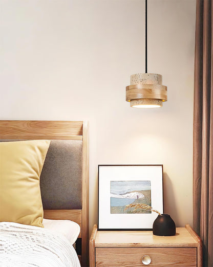Hanging Lamp with Natural Stone Shade and Wood Trim for Dining Areas, Kitchens, and Islands – Adjustable Height Ceiling Fixture