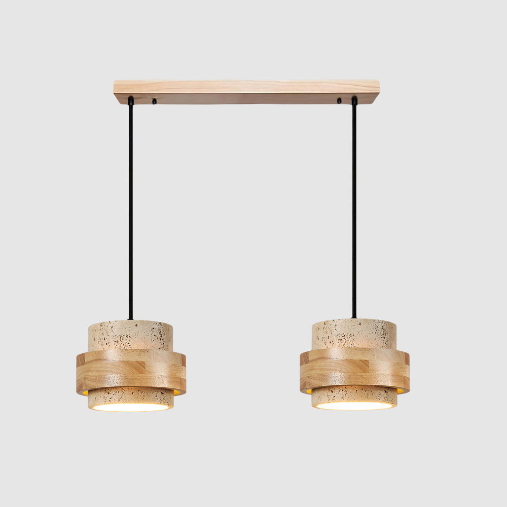 Hanging Lamp with Natural Stone Shade and Wood Trim for Dining Areas, Kitchens, and Islands – Adjustable Height Ceiling Fixture