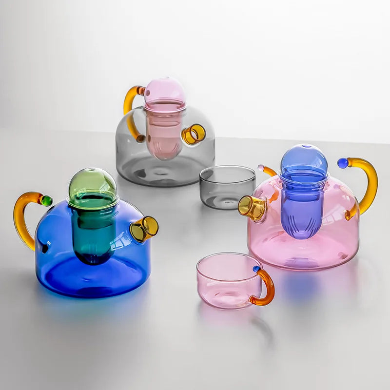 Juego de tetera y taza de cristal Color Bloom: vidrio de borosilicato resistente al calor con mango ergonómico
