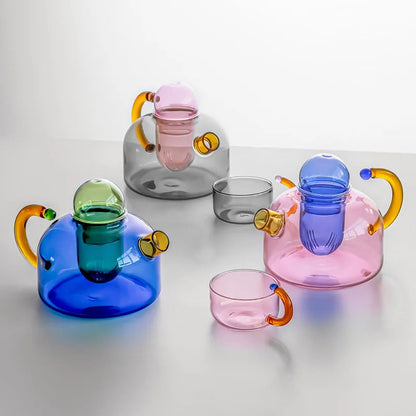 Juego de tetera y taza de cristal Color Bloom: vidrio de borosilicato resistente al calor con mango ergonómico