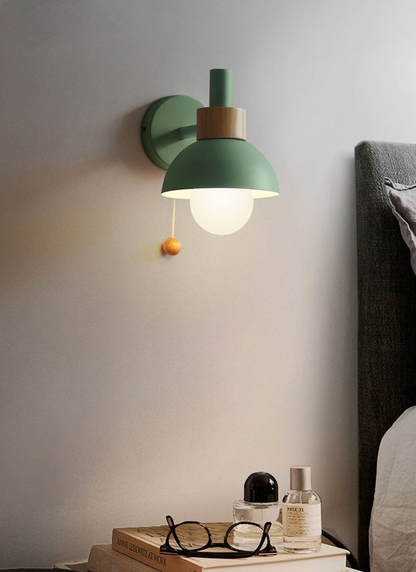 Sphere Sconce Light with Pull Cord Wood & Metal Fixture 6 in Pastel E26 Socket for Bedrooms Hallways Nurseries Entryways Modern Nordic Style