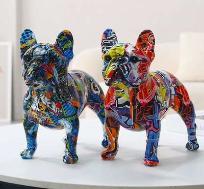 Colorful Graffiti Painted French Bulldog Statue – Unique Home Decor Accent