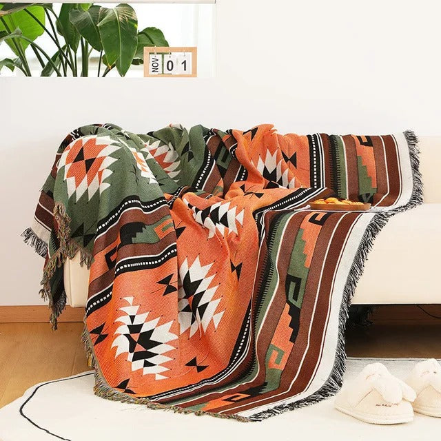 Manta tejida en jacquard de cuadros coloridos con flecos bohemios: un toque acogedor para el hogar
