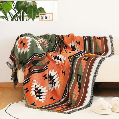Manta tejida en jacquard de cuadros coloridos con flecos bohemios: un toque acogedor para el hogar