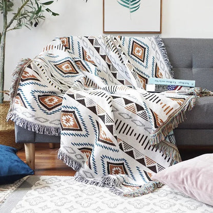Manta tejida en jacquard de cuadros coloridos con flecos bohemios: un toque acogedor para el hogar