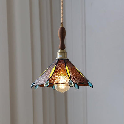 Tiffany Cone Glass Hanging Light with Adjustable Cord for Kitchen Island, Dining Table, Bedroom – Handcrafted Art Glass Ceiling Fixture in M