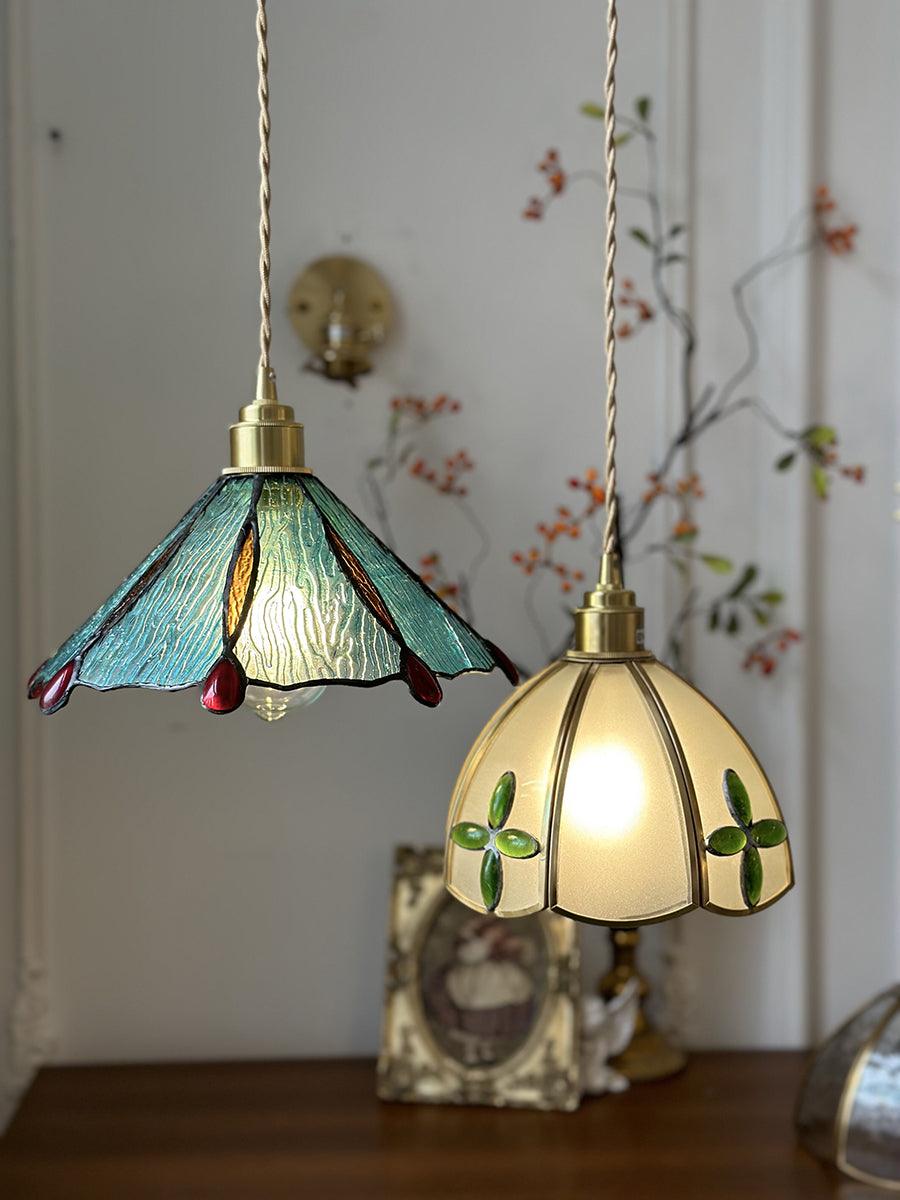 Tiffany Cone Glass Hanging Light with Adjustable Cord for Kitchen Island, Dining Table, Bedroom – Handcrafted Art Glass Ceiling Fixture in M