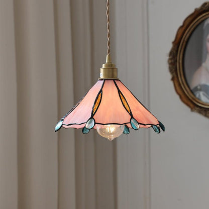 Tiffany Cone Glass Hanging Light with Adjustable Cord for Kitchen Island, Dining Table, Bedroom – Handcrafted Art Glass Ceiling Fixture in M