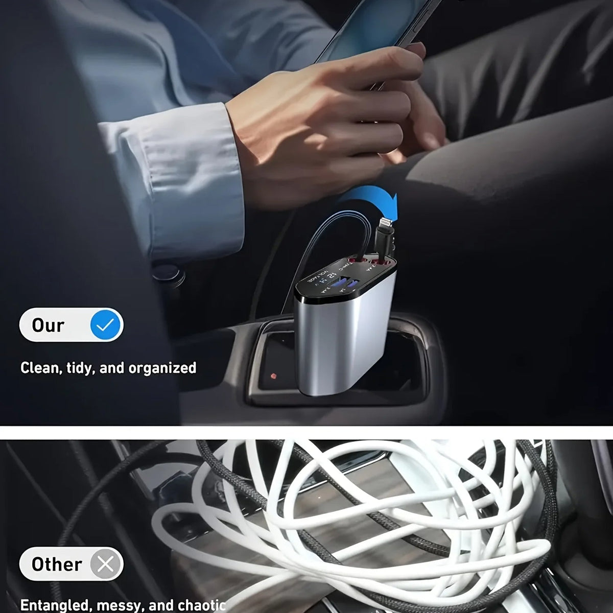 Compact Car Charger | 120W Dual USB Adapter with Retractable Cables | Fast Charging for Multiple Devices