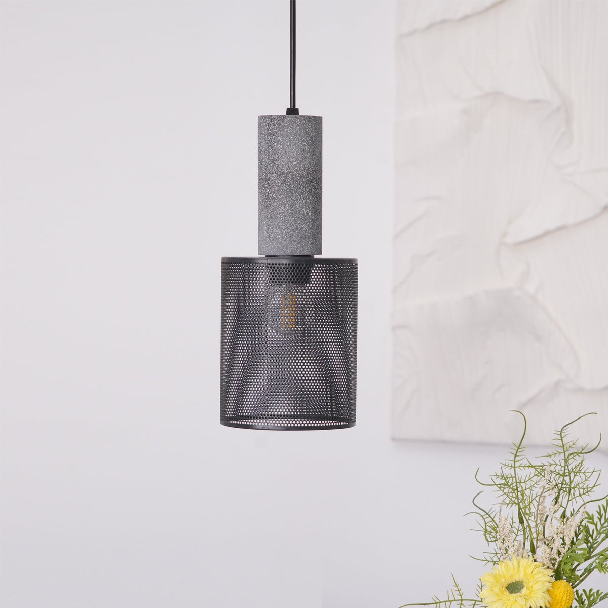 Industrial Concrete Hanging Light Fixture with Metal Accent for Dining Room, Kitchen Island & Bedroom – Adjustable Cord, E26 Socket, Modern