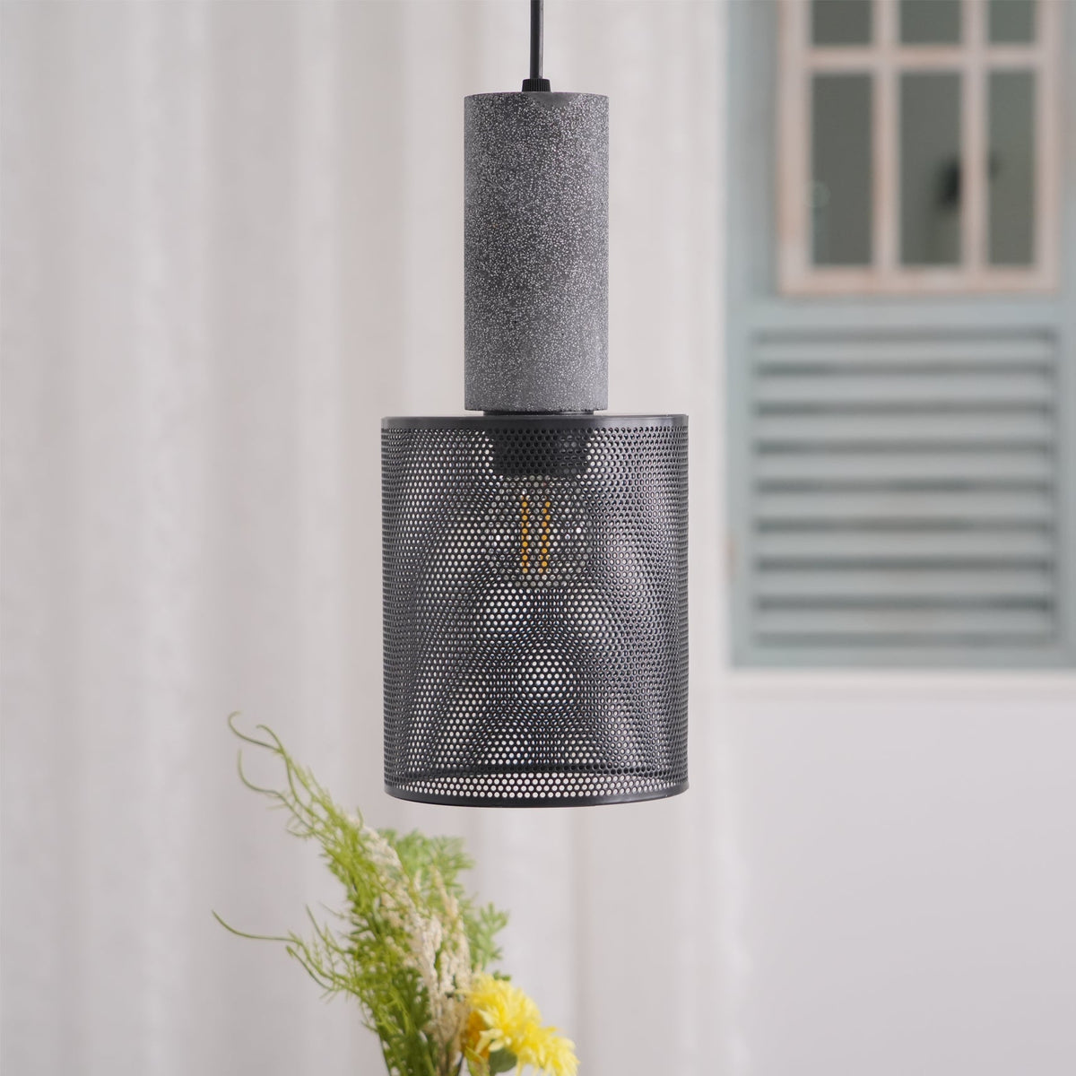 Industrial Concrete Hanging Light Fixture with Metal Accent for Dining Room, Kitchen Island & Bedroom – Adjustable Cord, E26 Socket, Modern