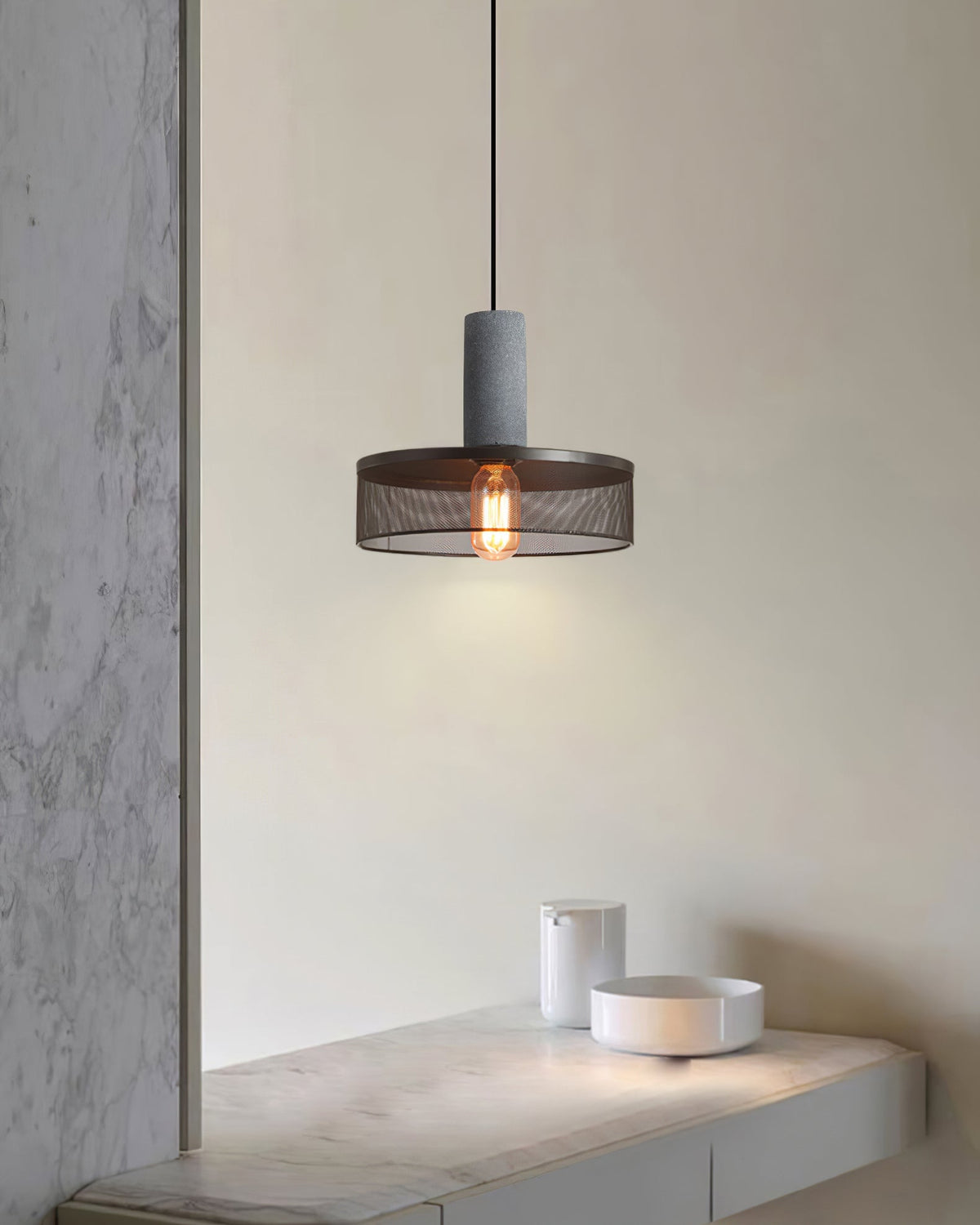 Industrial Concrete Hanging Light Fixture with Metal Accent for Dining Room, Kitchen Island & Bedroom – Adjustable Cord, E26 Socket, Modern