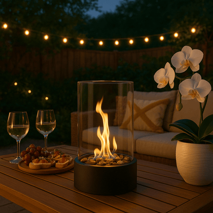 Tabletop Bioethanol Fireplace with Real Flame | Smokeless Indoor Outdoor Fire Bowl | Scandinavian Glass & Metal Table Fire Pit | Modern