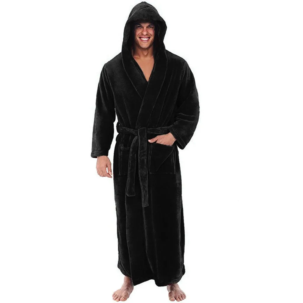 Bath Robe for Men, Mens Bathrobe with Hood, Thick Plush Hooded Robe, Long Soft Dressing Gown for Winter