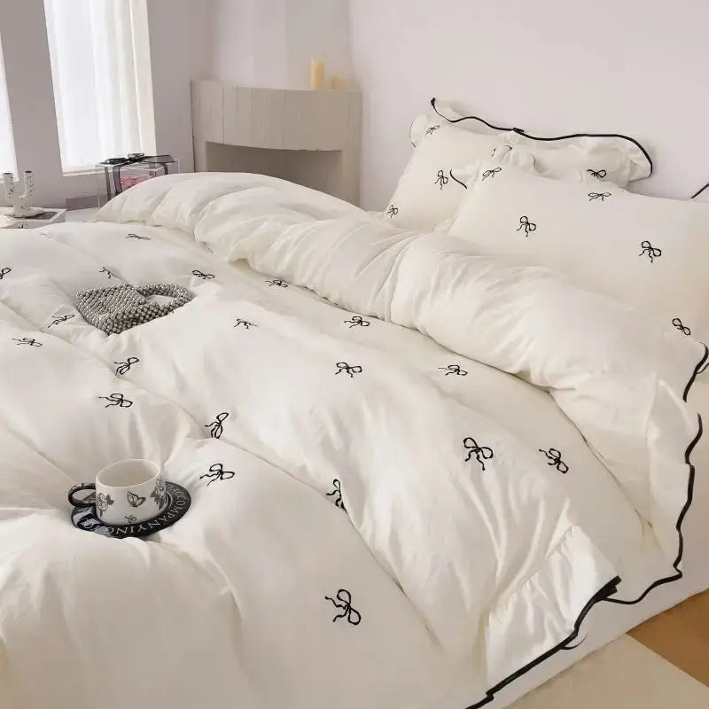 Ortekor Cozy Bow | Duvet Cover Set with Ruffle Embroidery Design | Soft Microfiber for Stylish Bedding