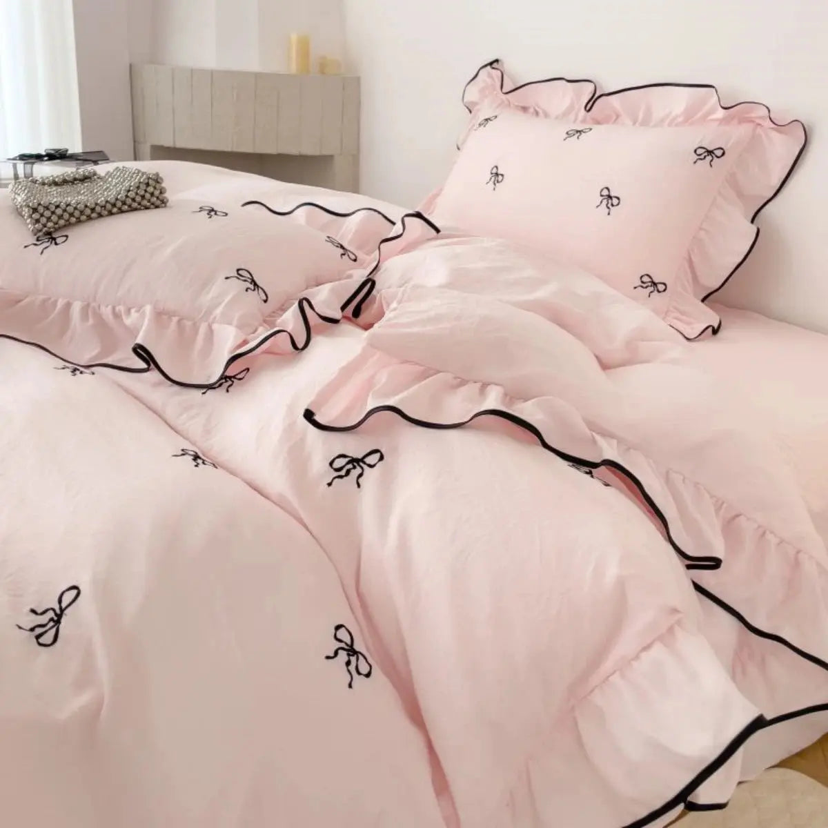Ortekor Cozy Bow | Duvet Cover Set with Ruffle Embroidery Design | Soft Microfiber for Stylish Bedding