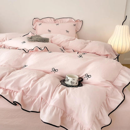 Ortekor Cozy Bow | Duvet Cover Set with Ruffle Embroidery Design | Soft Microfiber for Stylish Bedding
