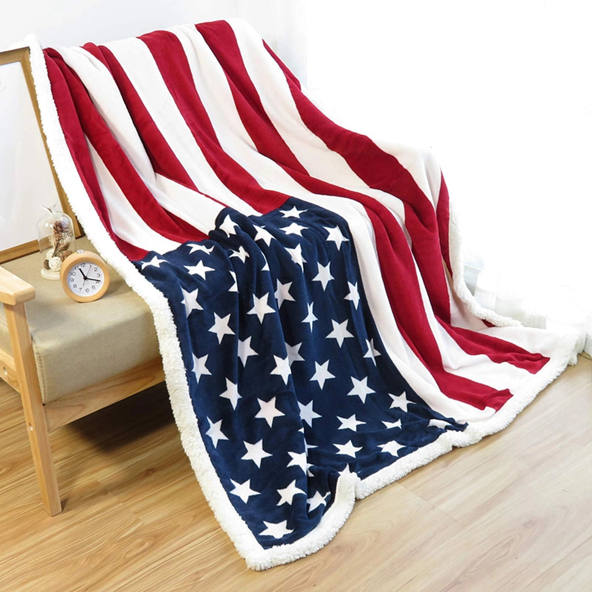 Manta de forro polar, manta de forro polar con la bandera estadounidense y reverso de imitación de piel de cordero, manta para exteriores para sofá y camping