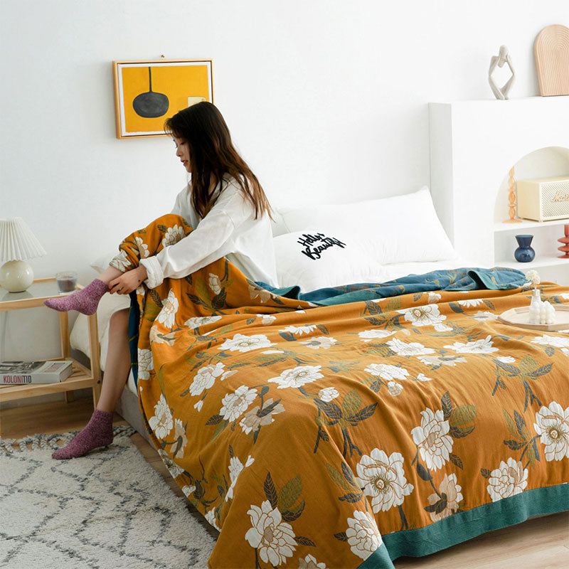 Edredón de algodón reversible y acogedor con diseño floral bohemio en amarillo | Suave y duradero para disfrutar todo el año