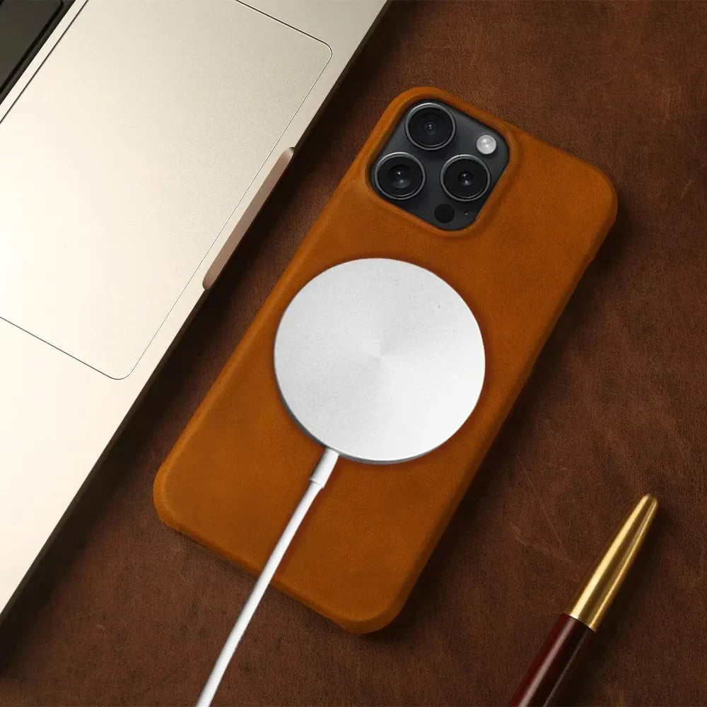 Genuine Leather MagSafe-Compatible iPhone Case – Wireless Charging Ready, Raised Edge Protection for Screen & Camera – iPhone 13-17