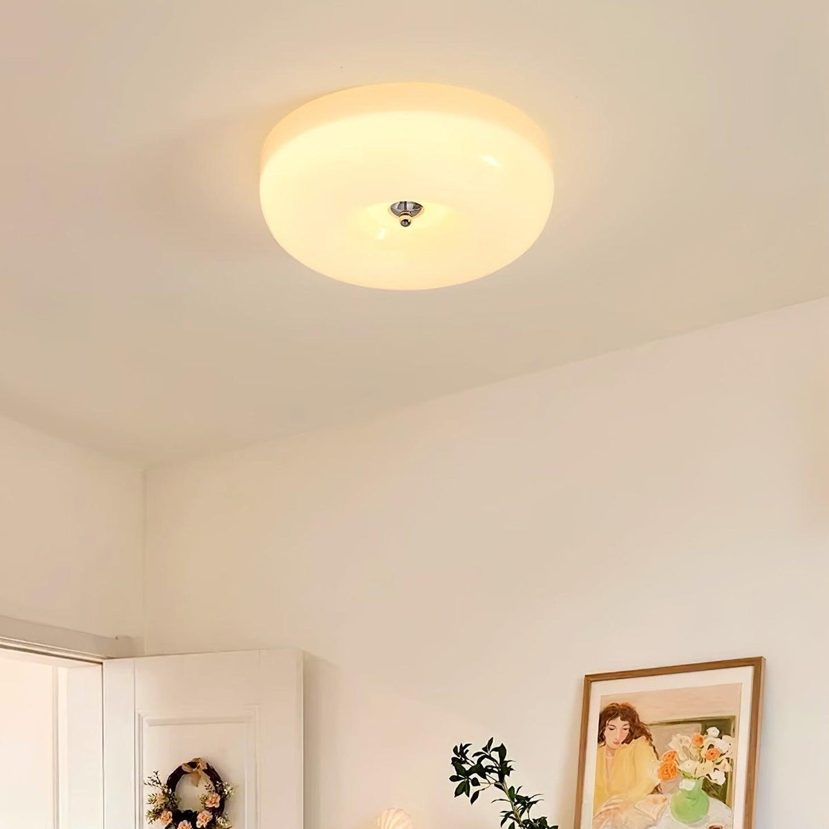 Glass Dome Flush Mount Light Fixture 16 in Cream Round LED Ceiling Lamp for Bedroom Living Room Dining Room Low Profile Dimmable Modern Home