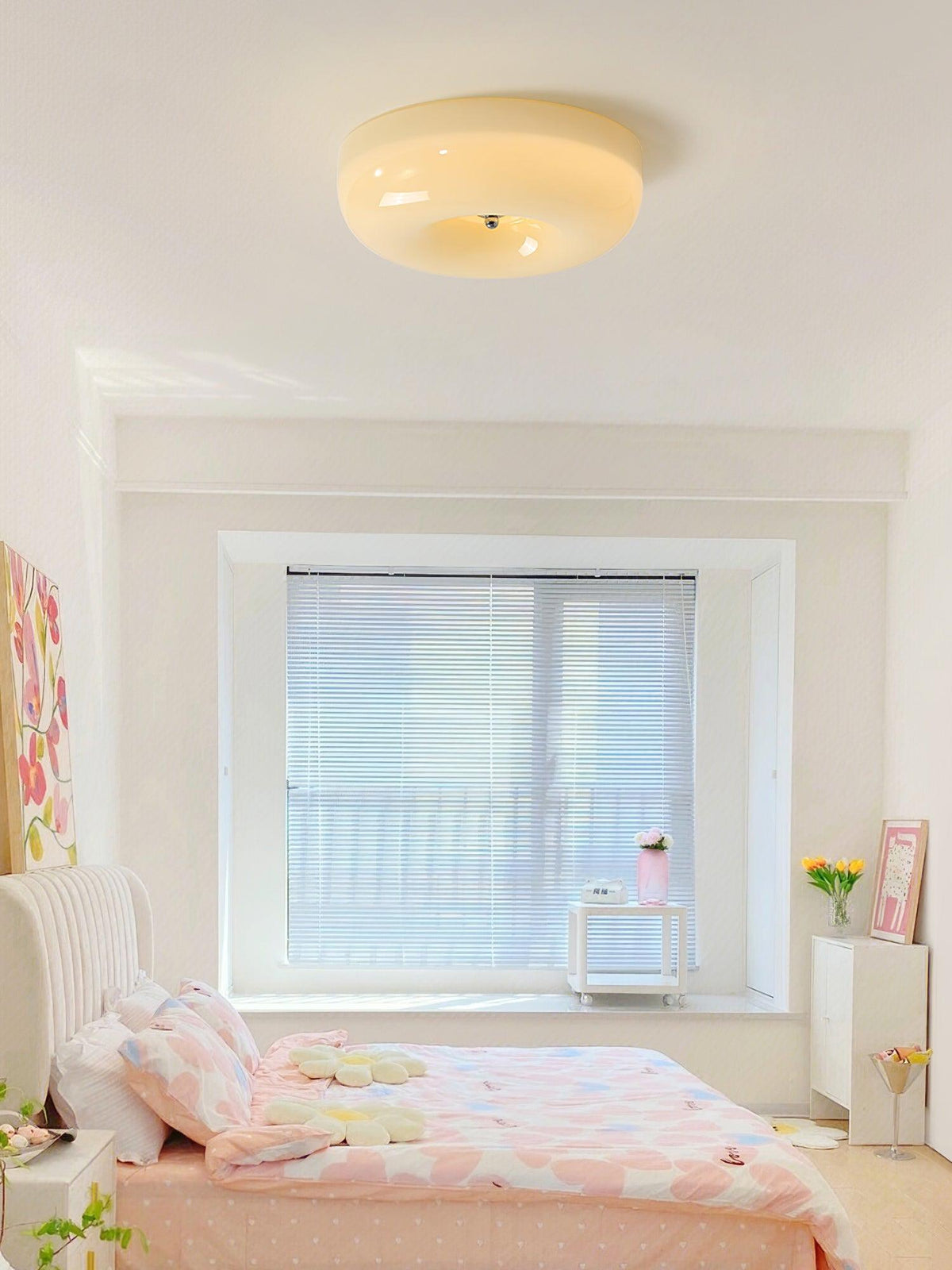 Glass Dome Flush Mount Light Fixture 16 in Cream Round LED Ceiling Lamp for Bedroom Living Room Dining Room Low Profile Dimmable Modern Home